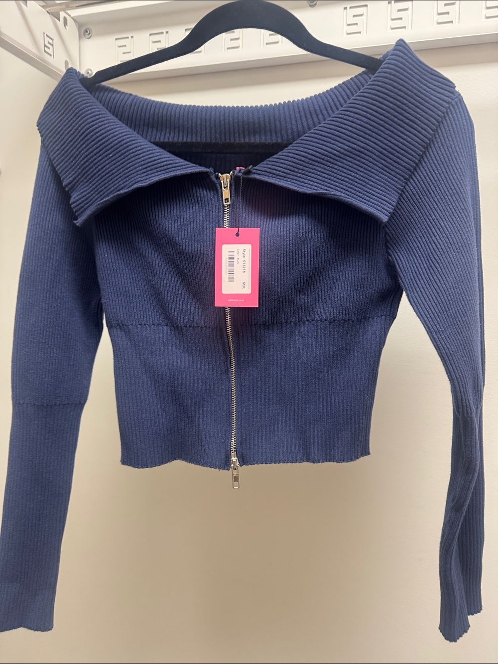 Edikted Navy Ribbed Off-Shoulder Zip Crop Sweater